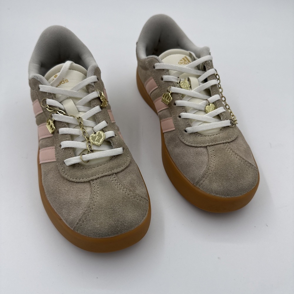Adidas VL Court 3.0 With Shoelery Girls Size 4 Beige Suede & Pink